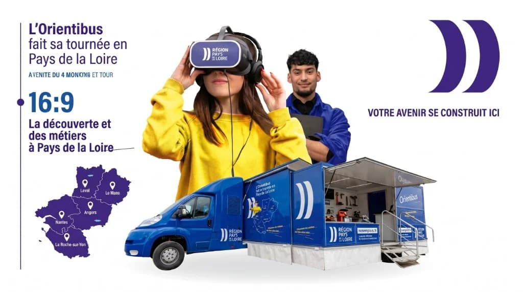 Tournée de l'Orientibus en Pays de la Loire : casques VR Région, animateur, véhicule mobile et carte des arrêts (Laval, Le Mans, Angers, Nantes, La Roche-sur-Yon).