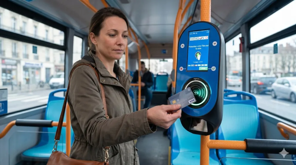 Voyageuse validant son titre de transport sans contact sur un valideur Paragon ID embarqué dans un bus urbain