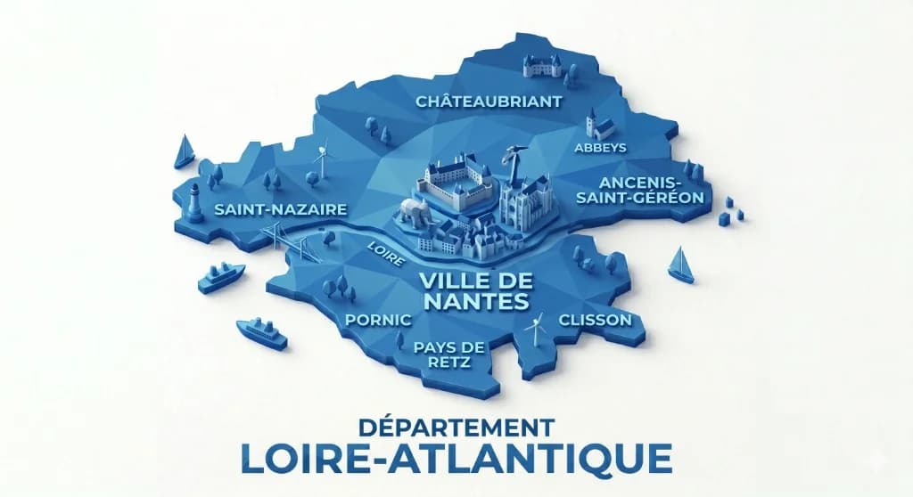 Carte 3D stylisée du département de la Loire-Atlantique mettant en évidence Nantes, Saint-Nazaire, Pornic, Clisson, Châteaubriant et Ancenis-Saint-Géréon, traversée par la Loire.